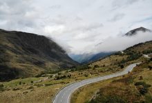 Scenic landscape of the road in the Scottish Highlands.