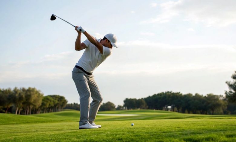 Golfer demonstrating pro techniques to correct a slice and hit straight shots, improving swing mechanics on the course