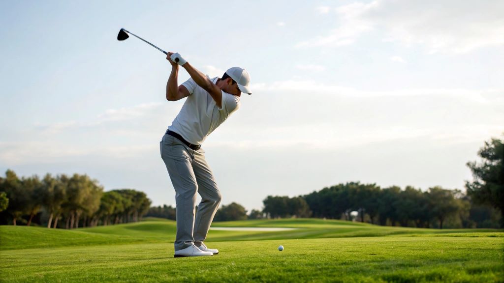 Golfer demonstrating pro techniques to correct a slice and hit straight shots, improving swing mechanics on the course