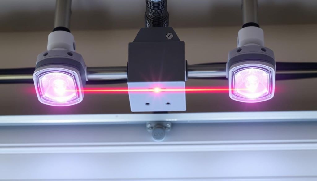 Garage door photoelectric safety sensors showing proper alignment with indicator lights for testing beam interruption system