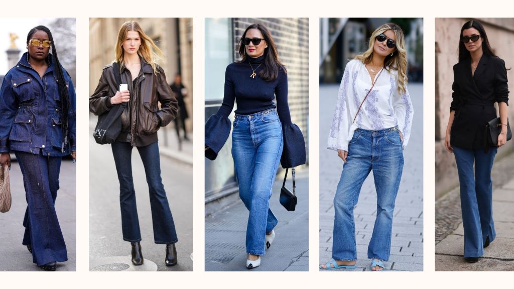 Fashion guide image showing bell-bottom vs flare jeans to help choose the perfect denim fit