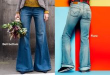 Side-by-side comparison of bell-bottom and flare jeans styles showcasing different fits and leg shapes