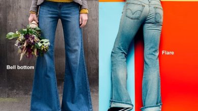 Side-by-side comparison of bell-bottom and flare jeans styles showcasing different fits and leg shapes