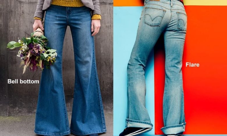 Side-by-side comparison of bell-bottom and flare jeans styles showcasing different fits and leg shapes