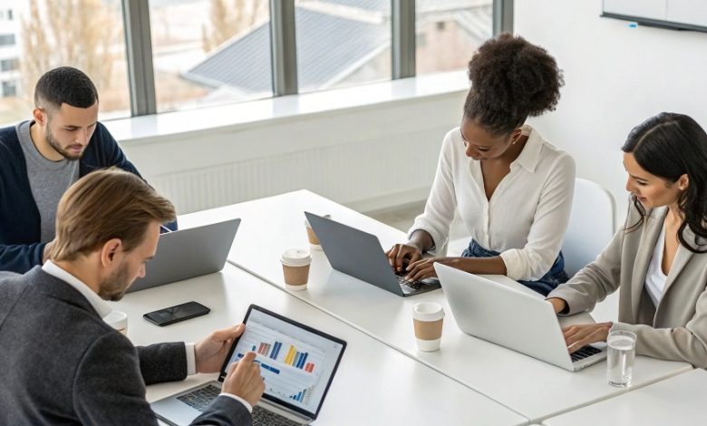 Team of digital marketing professionals analyzing website performance charts and keyword data, representing strategic SEO services for brands aiming to grow online visibility.