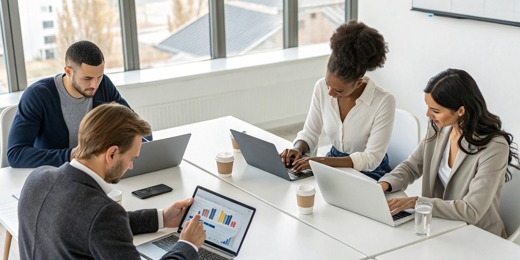 Team of digital marketing professionals analyzing website performance charts and keyword data, representing strategic SEO services for brands aiming to grow online visibility.