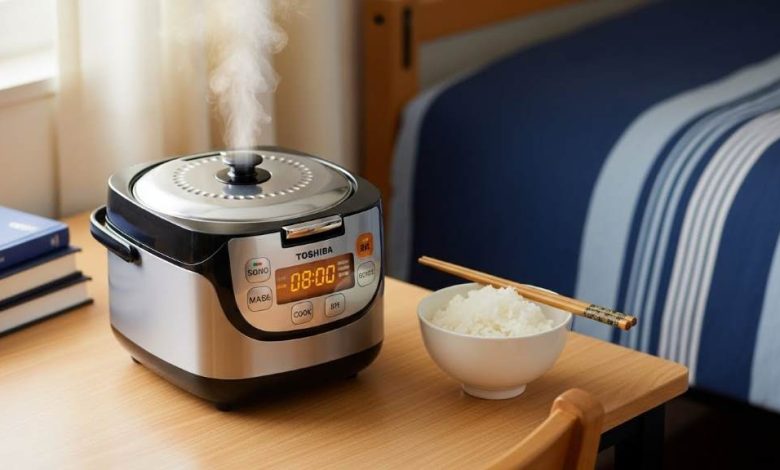 Compact Toshiba mini rice cooker on a wooden dorm desk with steam rising