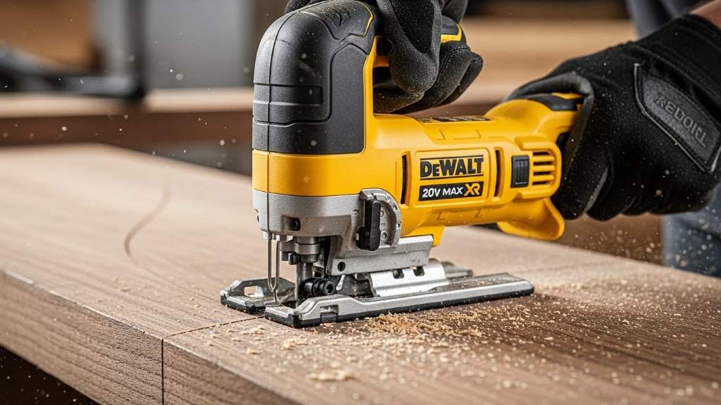 Ergonomic grip and LED light of cordless jig saw in action during a carpentry project.