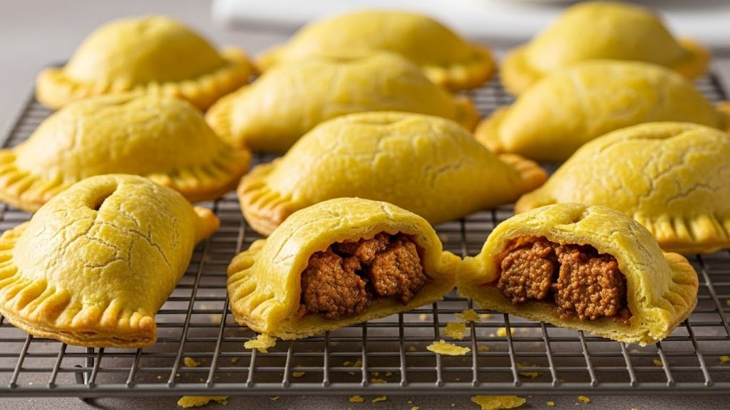 Homemade Jamaican beef patties with flaky yellow pastry and spicy curry beef filling on cooling rack