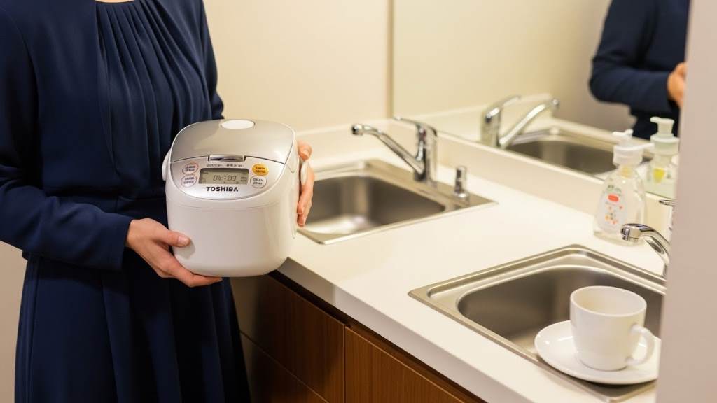 Traveler holding portable Toshiba rice cooker in a hotel room kitchenette.