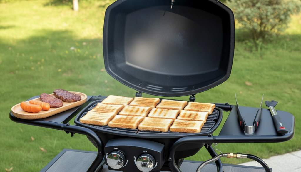 Bread slices toasting evenly on gas grill grates demonstrating perfect heat distribution