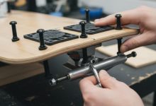 Detailed view of skateboard trucks, bolts, and nuts during assembly process on wooden deck