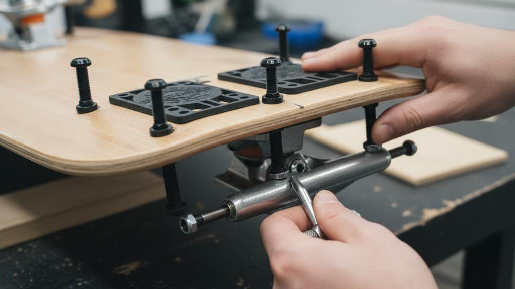 Detailed view of skateboard trucks, bolts, and nuts during assembly process on wooden deck