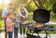 Family gathered around a high-performance gas grill cooking steaks and vegetables during a sunny backyard BBQ