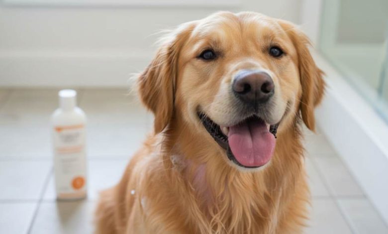 Happy dog after antifungal shampoo bath showing clear skin