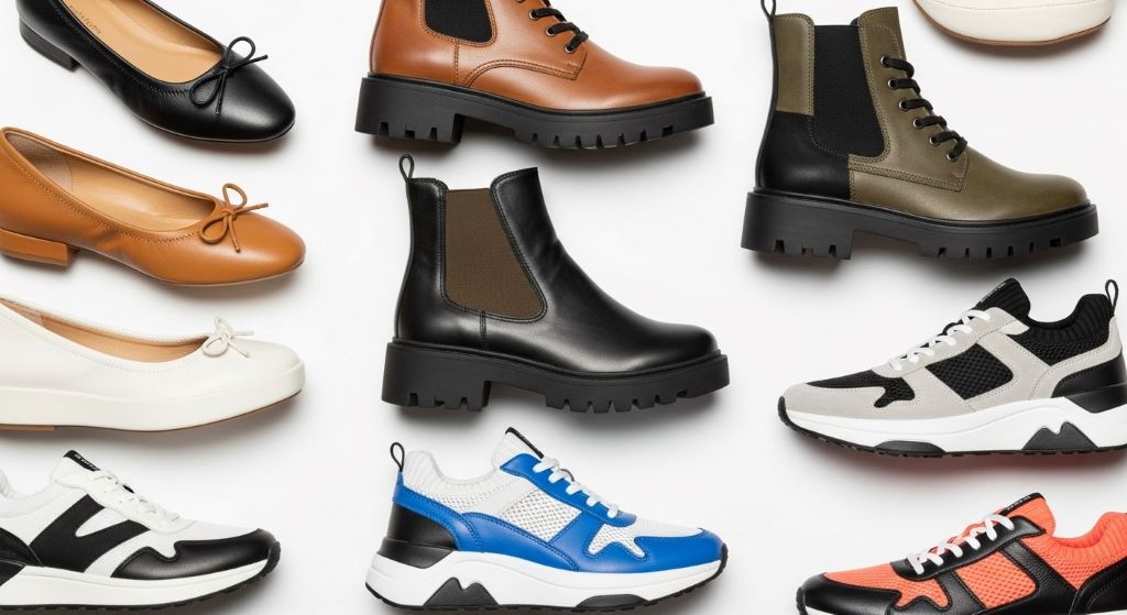 Collection of fashionable wide toe box shoes including flats, boots, and sneakers arranged on white background