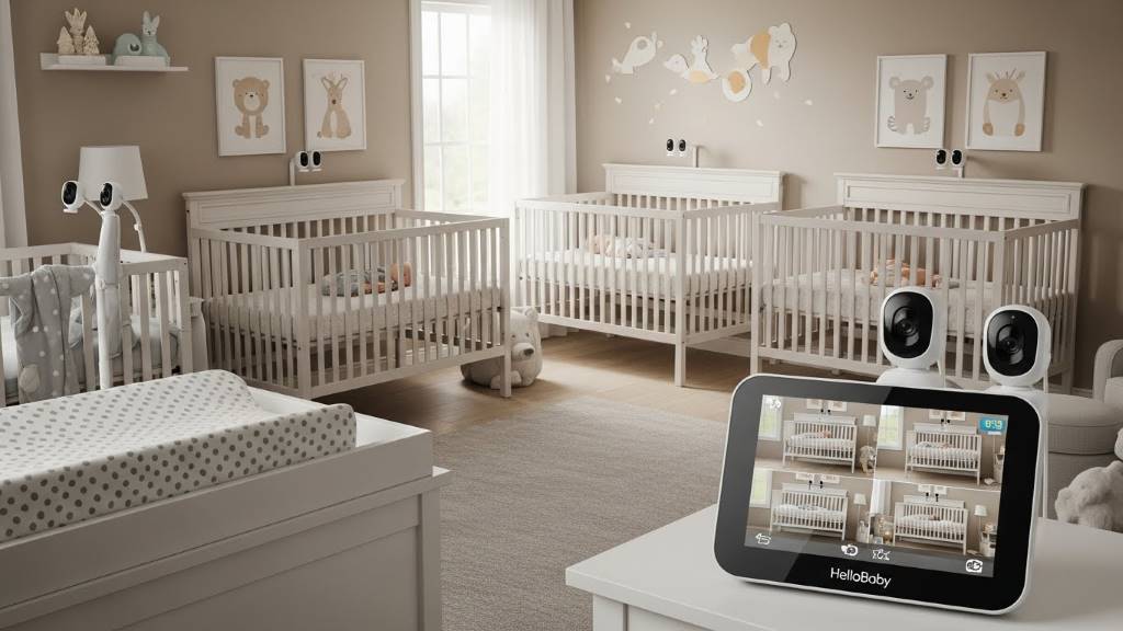 Multi-camera setup of HelloBaby baby monitors in a family nursery for monitoring multiple children