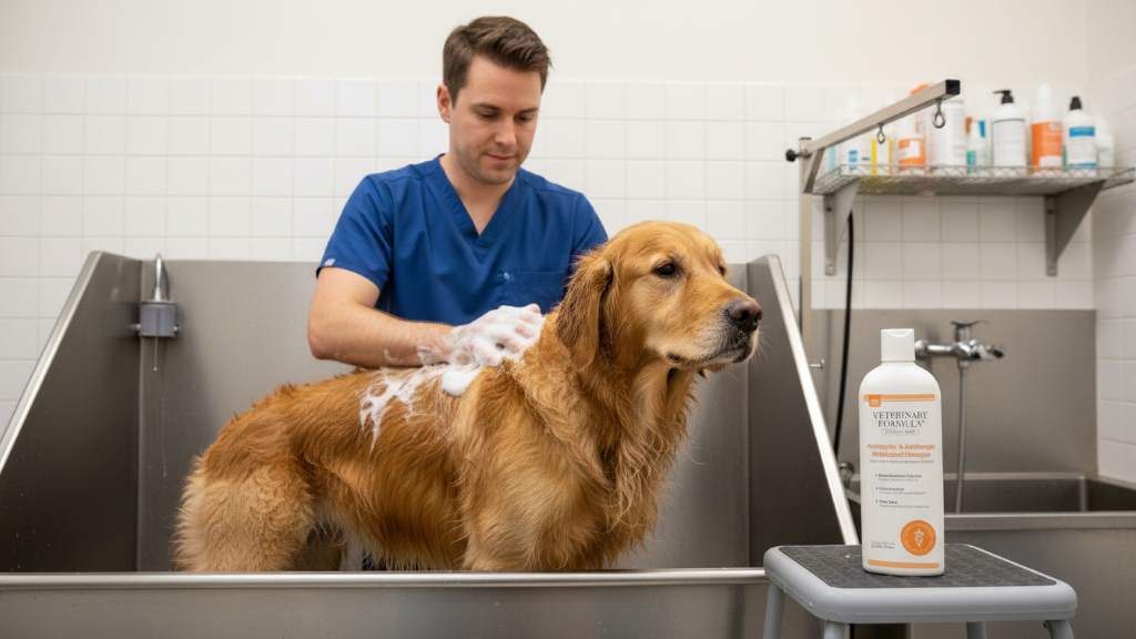 Veterinarian applying medicated shampoo to a dog's coat