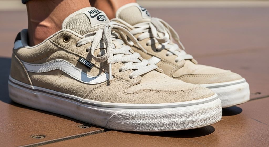 Well-worn but intact skate shoes demonstrating quality materials and longevity