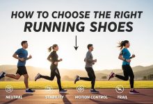 Beginner checking running shoe fit inside a sports store