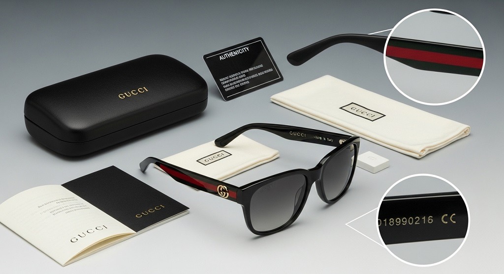 authentic Gucci sunglasses logo engraving close inspection