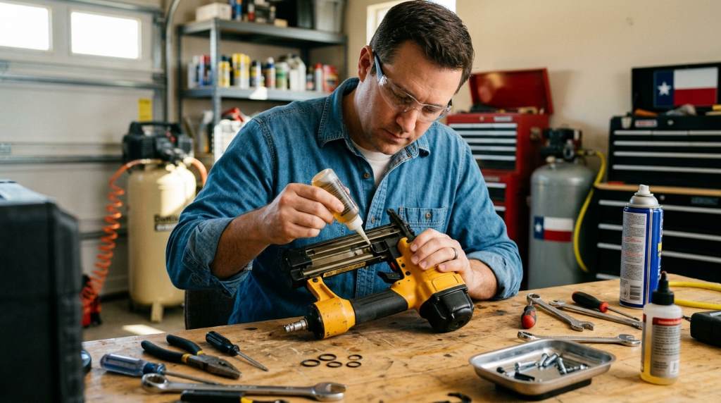 Adjusting air compressor pressure for nail gun use in home renovation project