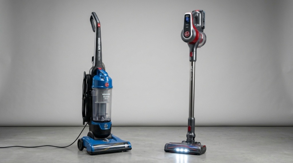 Side-by-side comparison of a budget corded Hoover upright vacuum and a premium cordless stick vacuum.