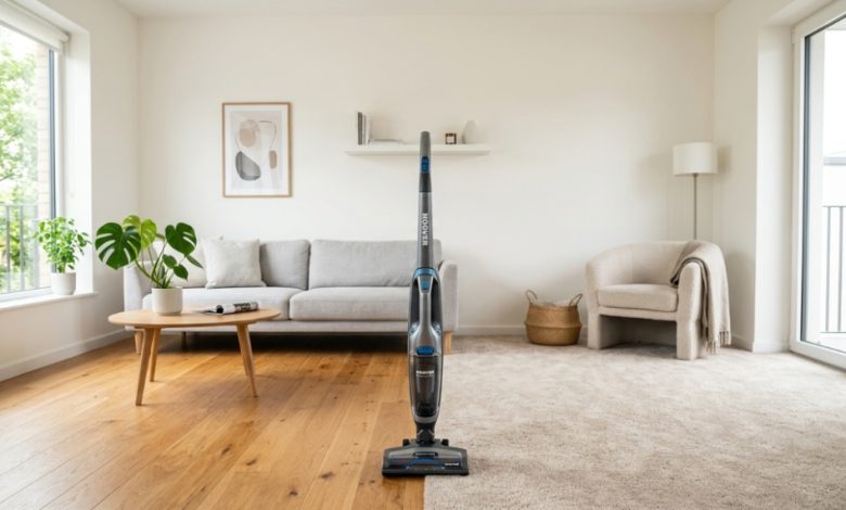 Side-by-side comparison of a budget corded Hoover upright vacuum and a premium cordless stick vacuum.