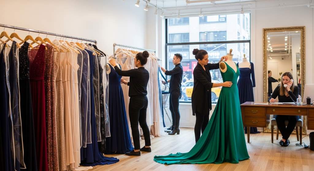 Elegant long dress fitting session for urgent event preparation