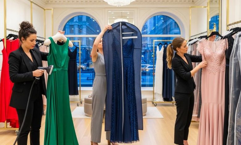 Fashion boutique tailor adjusting long evening dress in New York