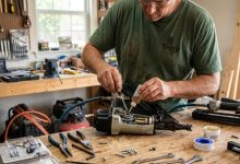 Homeowner repairing pneumatic nail gun in a Dallas garage during summer heat