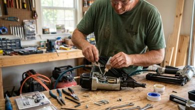 Homeowner repairing pneumatic nail gun in a Dallas garage during summer heat