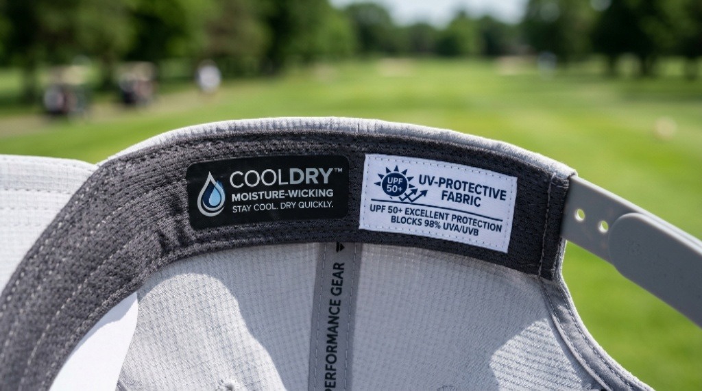 Close-up of a light grey golf cap with moisture-wicking sweatband and UV-protective fabric label