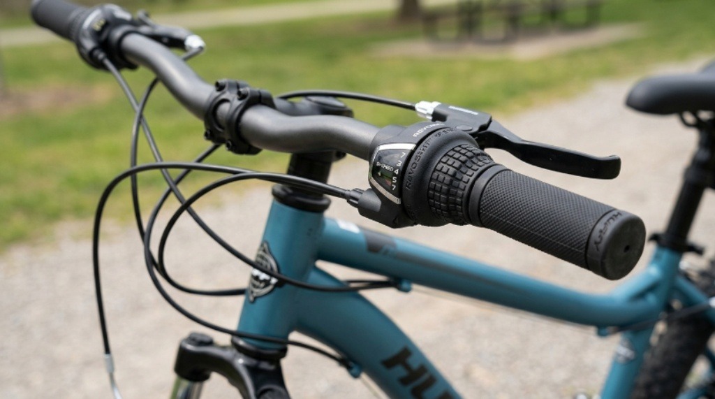 Close-up of Huffy Stone Mountain Bike 21-speed gear system and handlebar shifters