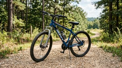 Huffy Stone Mountain Bike with front suspension fork on a gravel trail