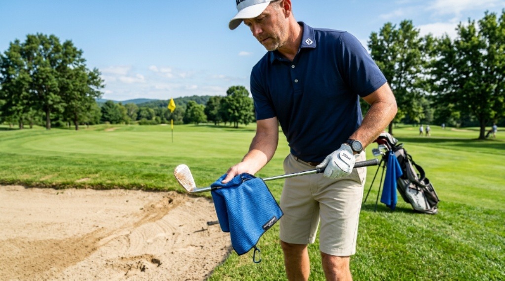 Side-by-side comparison of a microfiber golf towel and a cotton terry golf towel clipped to a golf bag on a green fairway