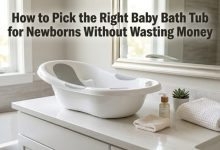 White newborn bathtub on a bathroom counter with guide title overlay.