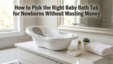 White newborn bathtub on a bathroom counter with guide title overlay.