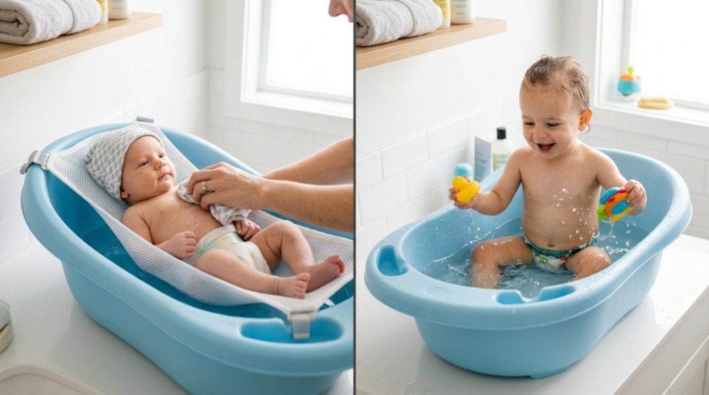 Parent folding a space-saving collapsible baby bathtub for easy storage.