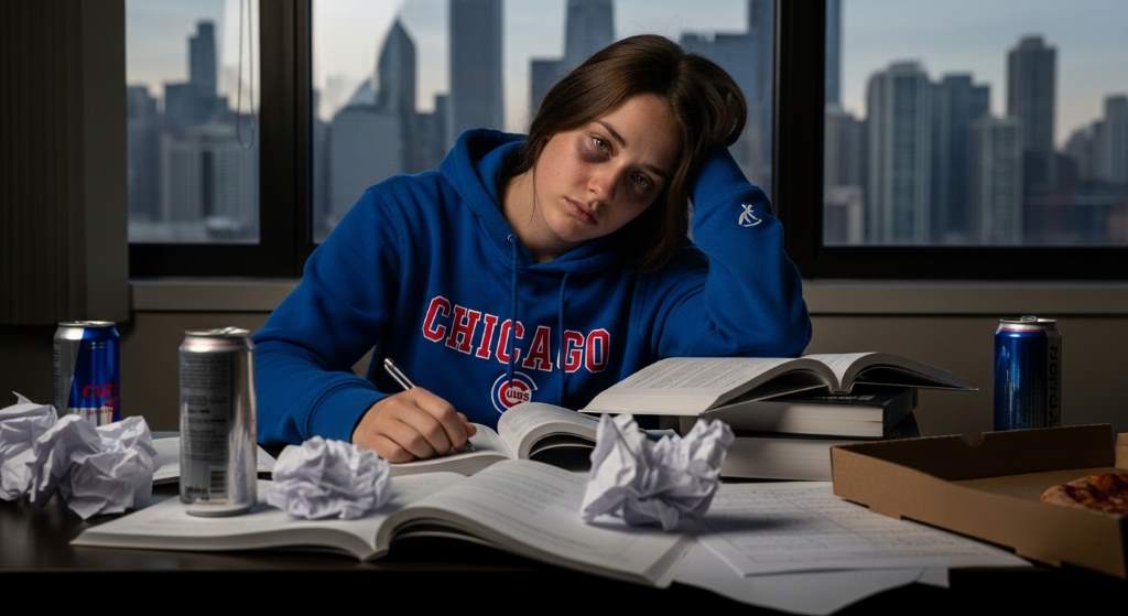 Students recovering from exam stress in Chicago dorm room