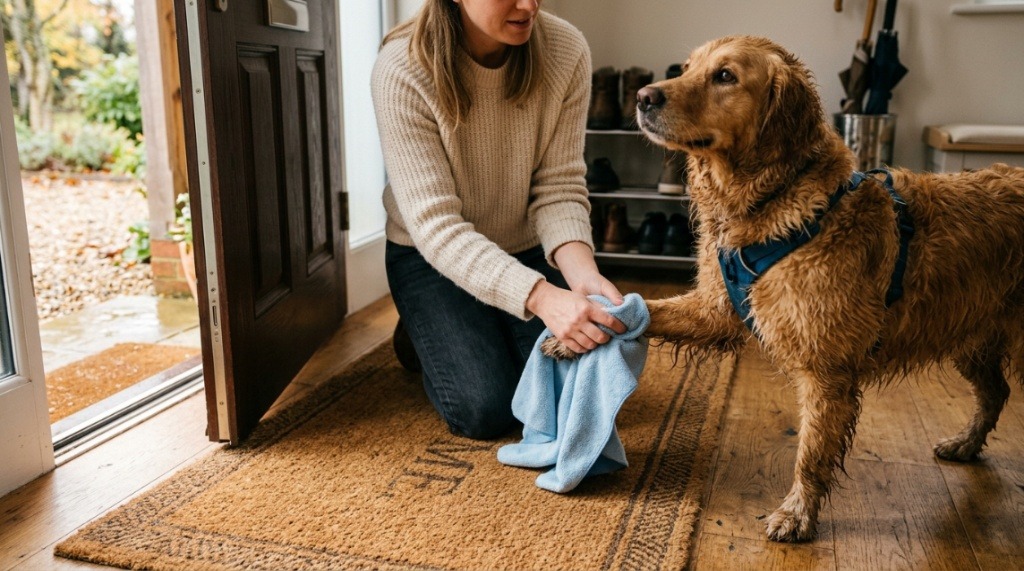 A person wiping a dog's muddy paws with a towel at the doorway.
