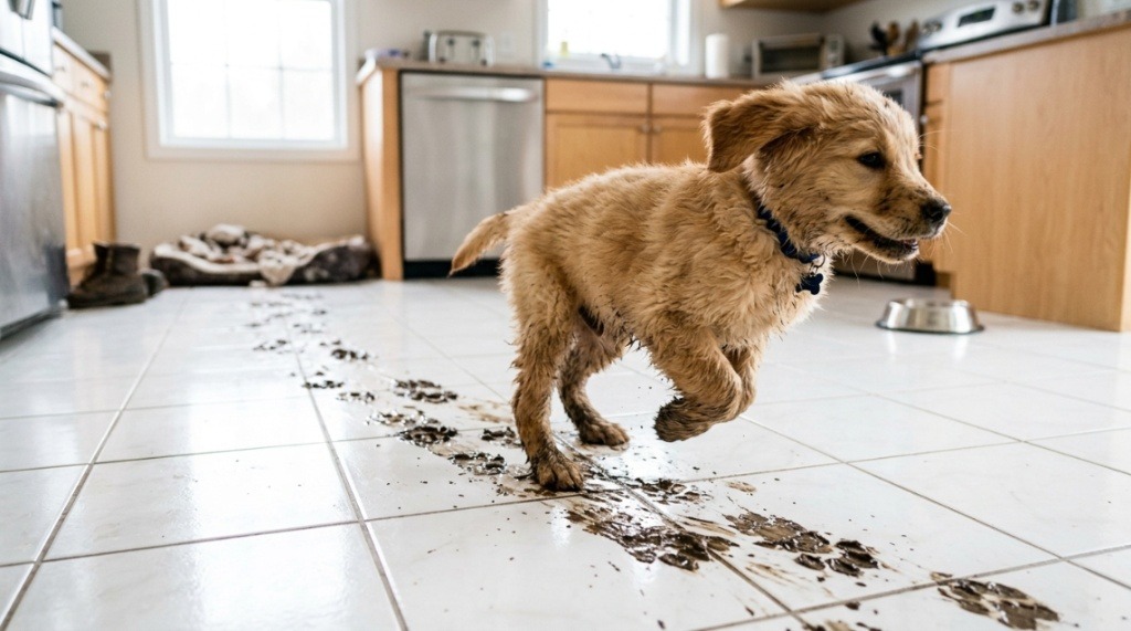 A puppy leaving wet muddy paw prints across a clean kitchen tile floor.