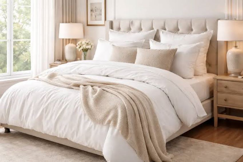 Affordable bedding set neatly arranged on a modern bedroom bed
