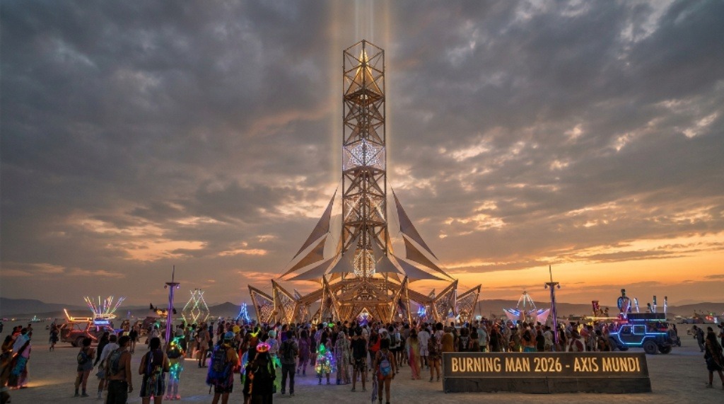 Large-scale art installation at Burning Man 2026 reflecting the Axis Mundi theme with a vertical structure connecting earth and sky