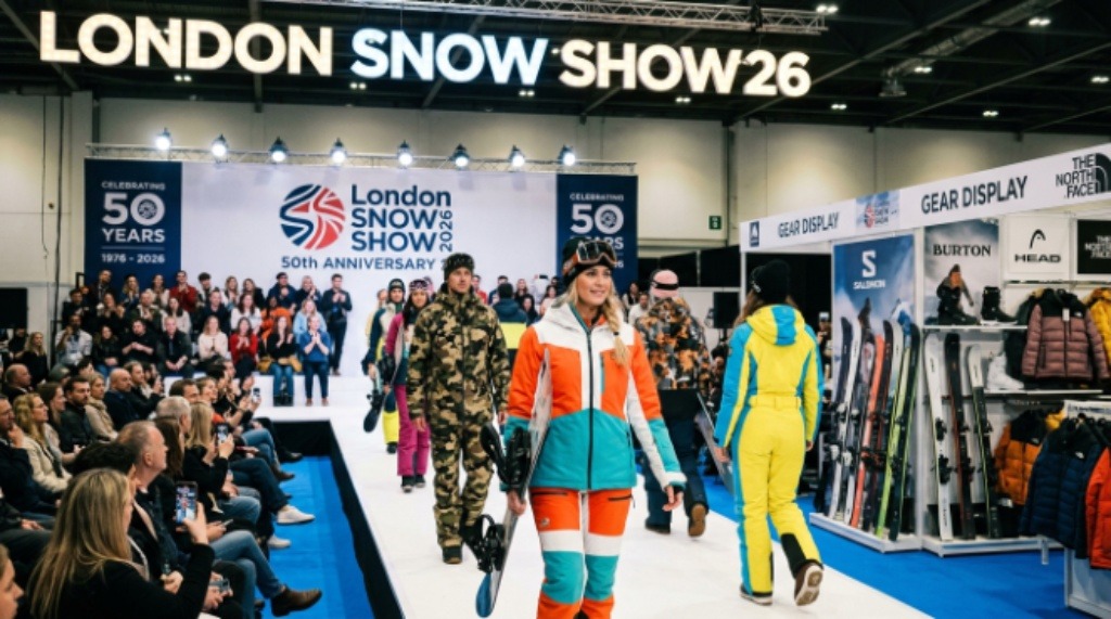 Snow sport fashion show and gear display at London Snow Show 50th anniversary 2026