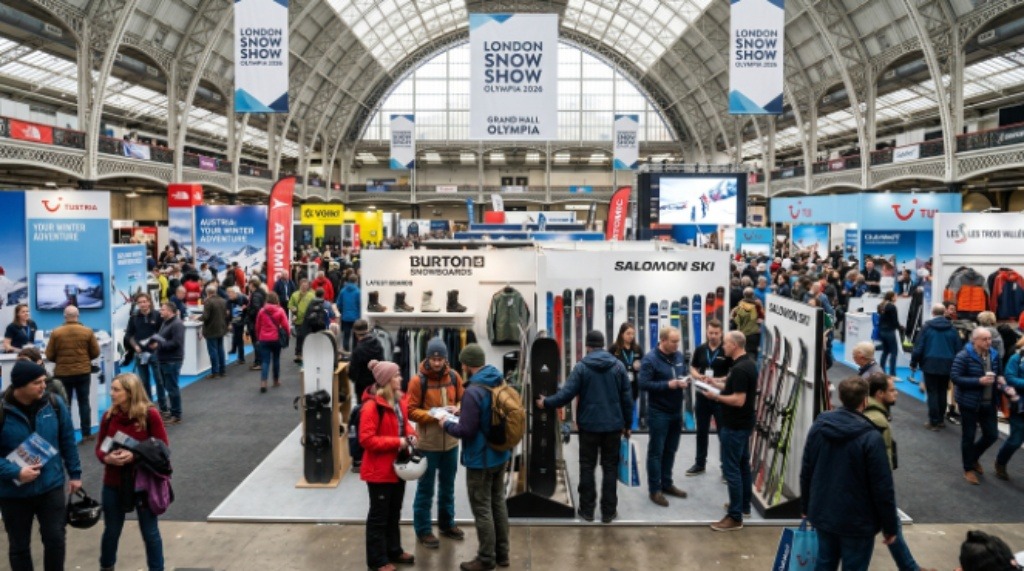 Skiers and snowboarders browsing exhibitors at London Snow Show Olympia 2026