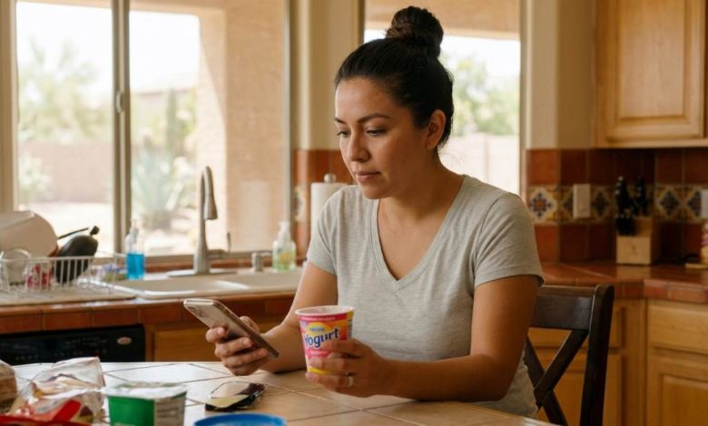Phoenix mom comparing healthy yogurt alternatives for children in grocery store