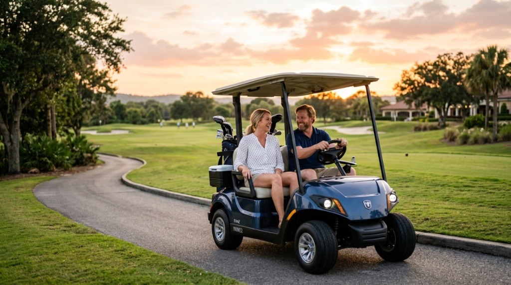An adult couple driving an affordable golf cart along a scenic pathway.