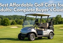 Modern electric golf cart on a green fairway with buyer's guide title text overlay.