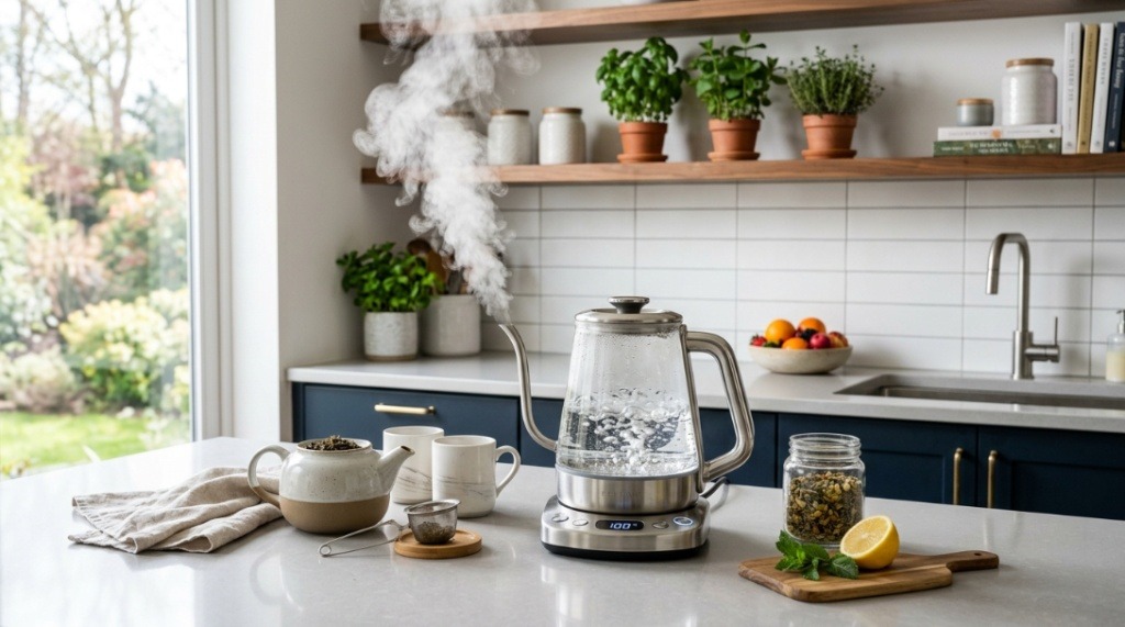 Hand pouring steaming hot water from a black electric kettle into a mug.